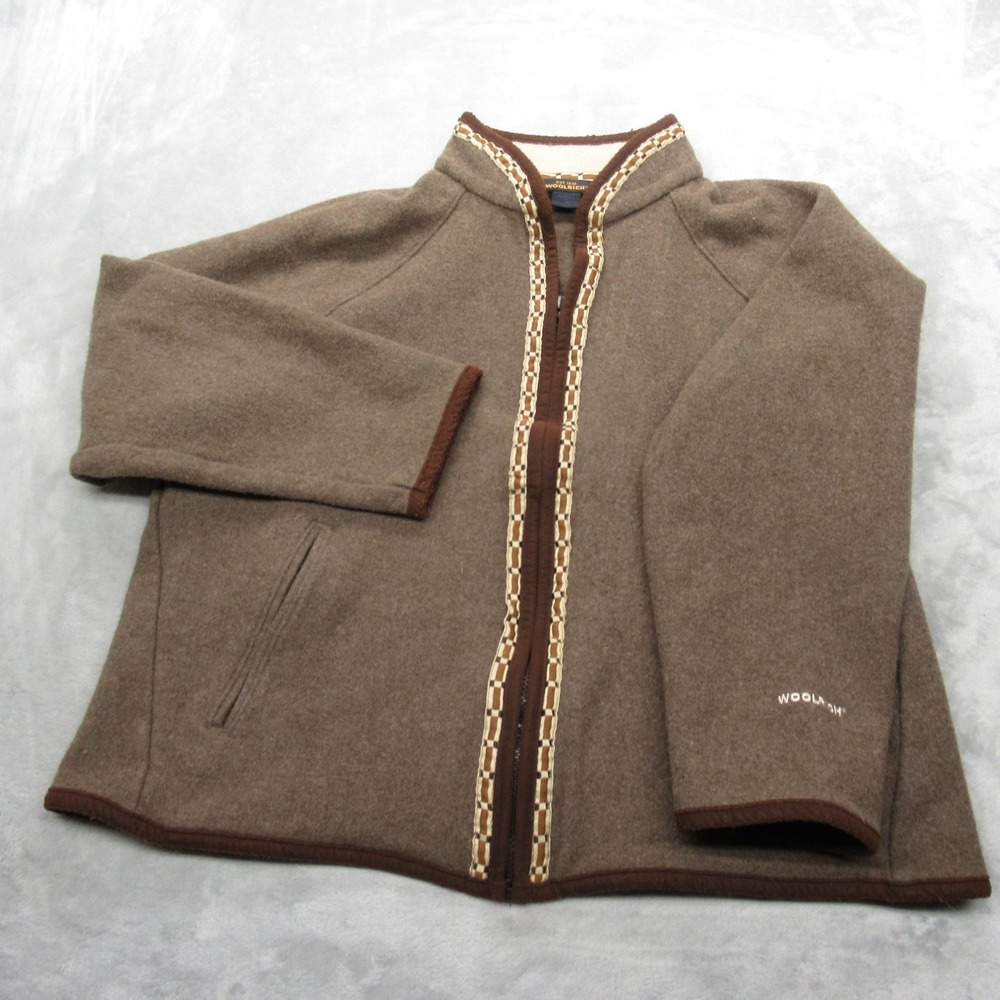 Woolrich Wool Jacket Women XL Brown Aztec Southwestern Trim FullZip READ VTG - Picture 2 of 13